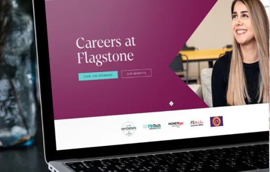 Laptop screenshot showing Flagstone's careers webpage interface with a modern design and content about job opportunities